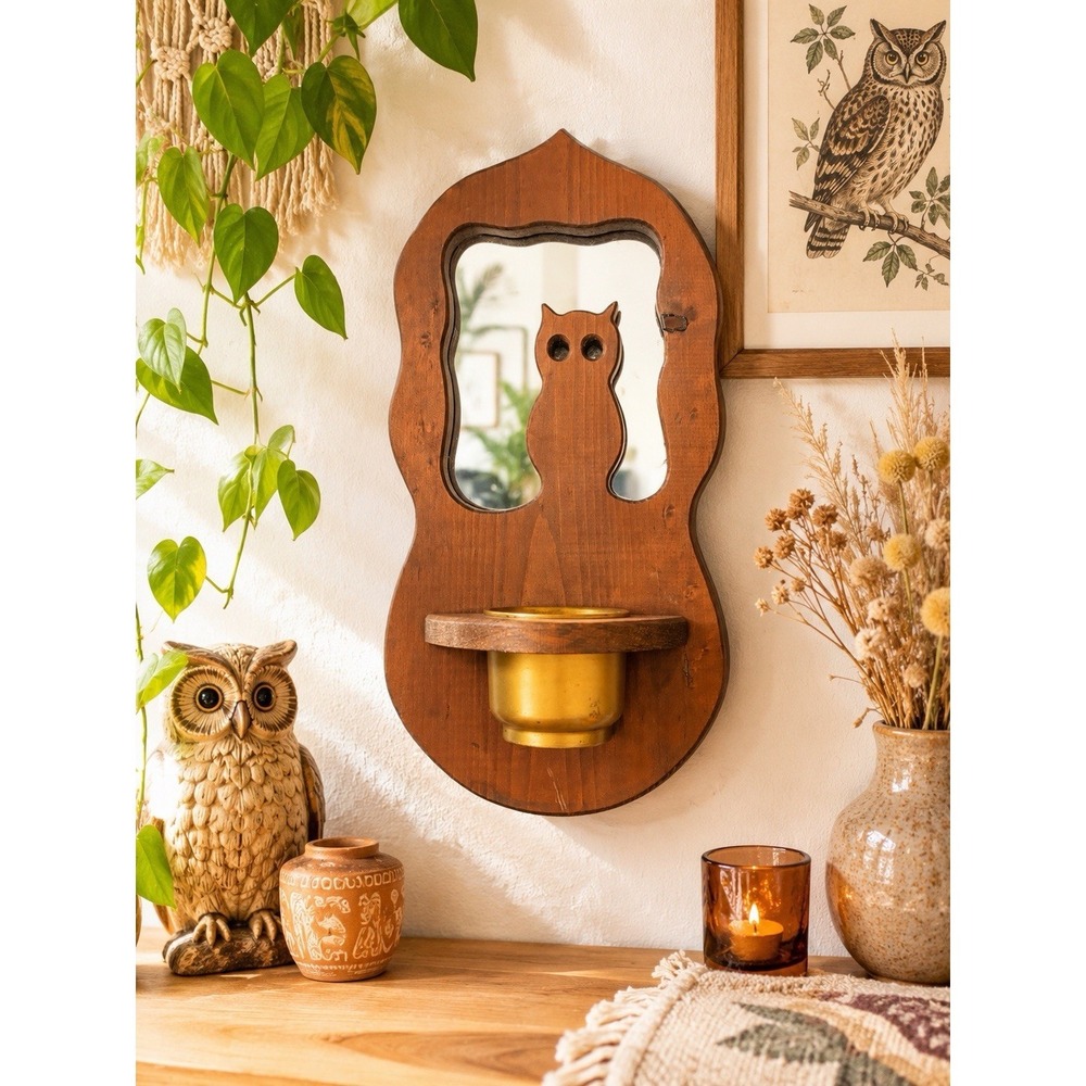 Vintage Owl wood shelf/Sconce Candle Holder Brass Insert  eyes handmade 20" MCM